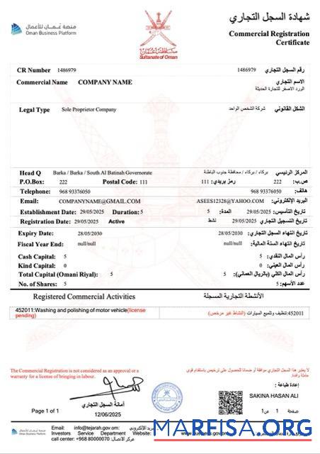 Downloadable Oman commercial registration certificate Word and PDF template, version 3